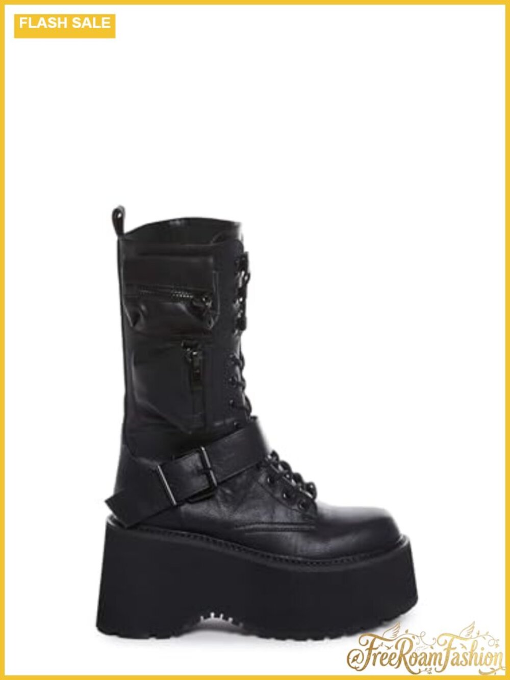 Platform Zip-Up Combat Boots Lace-Up Knee-High Synthetic